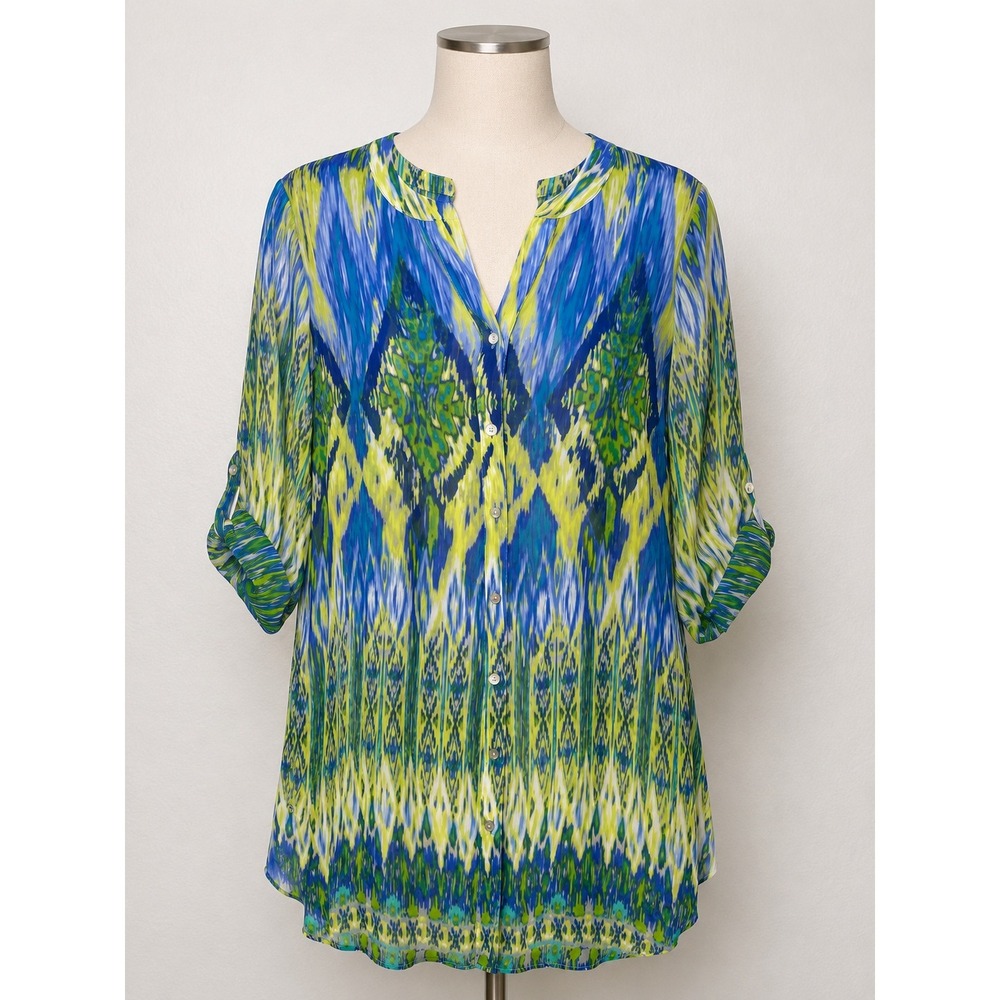 Chicos Ikat Diamond Print Tunic Blouse Blue Green Roll Tab Sleeve Size 1 Medium